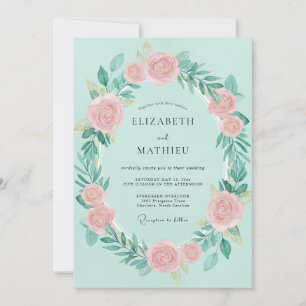 Seafoam Rose Pink Wreath Wedding Invitation
