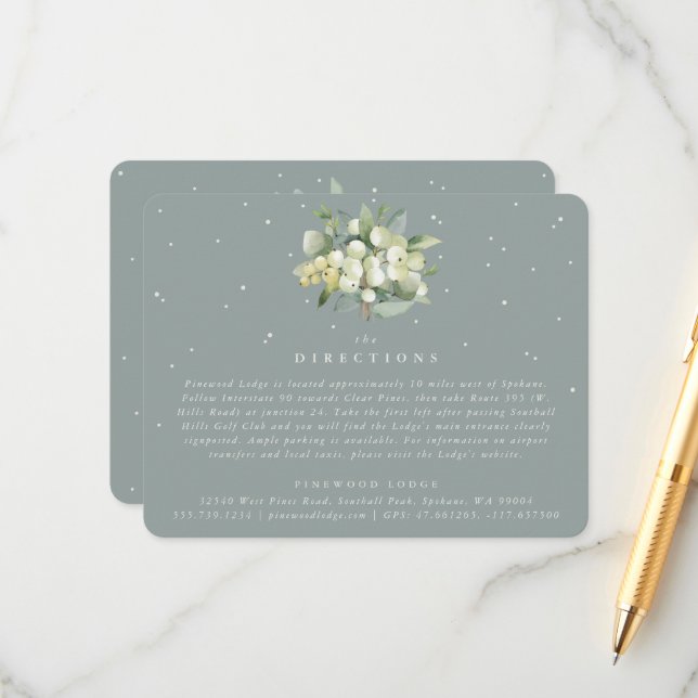 Seafoam Snowberry+Eucalyptus Bouquet Directions Enclosure Card (Front/Back In Situ)