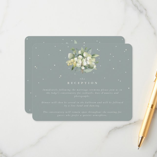Seafoam Snowberry+Eucalyptus Bouquet Reception Enclosure Card (Front/Back In Situ)