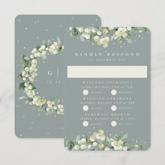 Seafoam Snowberry+Eucalyptus Wedding Multi-Event RSVP Card (Front/Back)