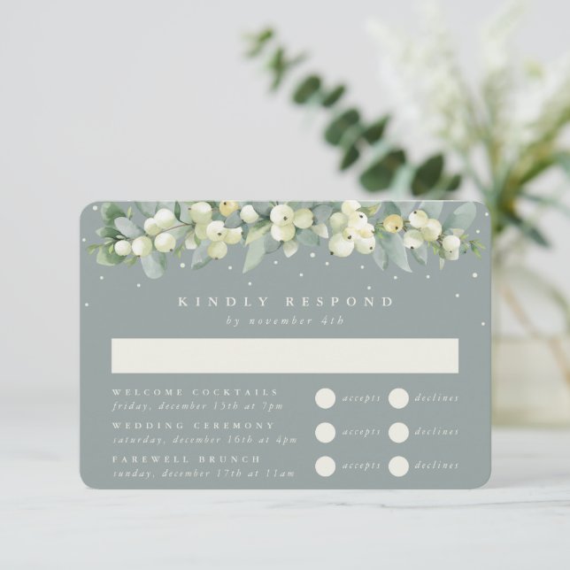 Seafoam Snowberry+Eucalyptus Wedding Multi-Event RSVP Card (Standing Front)