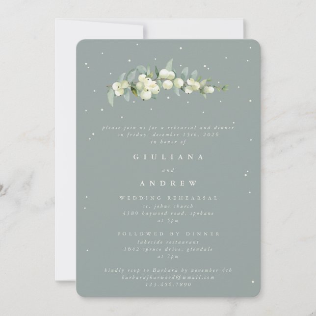 Seafoam Snowberry+Eucalyptus Wedding Rehearsal Invitation (Front)
