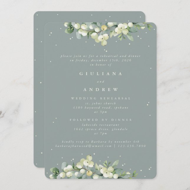 Seafoam Snowberry+Eucalyptus Wedding Rehearsal Invitation (Front/Back)