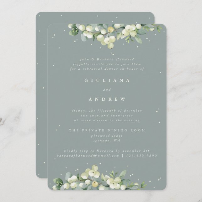 Seafoam Snowberry+Eucalyptus Wedding Rehearsal Invitation (Front/Back)