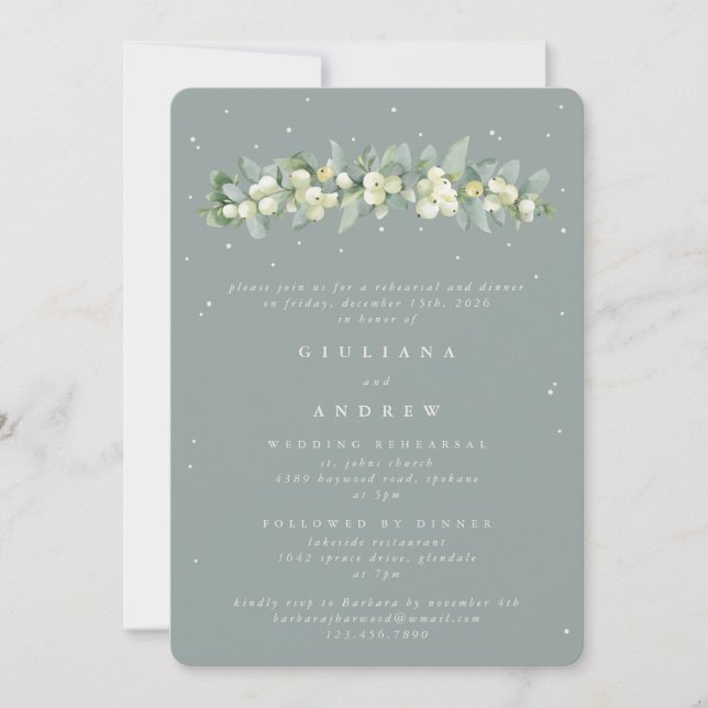 Seafoam Snowberry+Eucalyptus Wedding Rehearsal Invitation (Front)