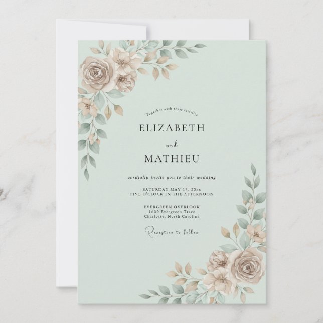 Seafoam Taupe Leafy Wedding Invitation (Front)