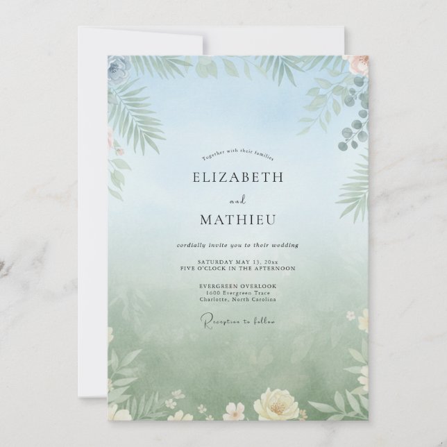 Seafoam Tropical Leafy Wedding Invitation (Front)