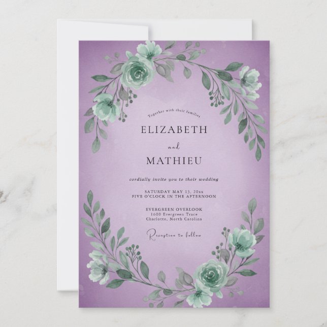 Seafoam Violet Leafy Wedding Invitation (Front)