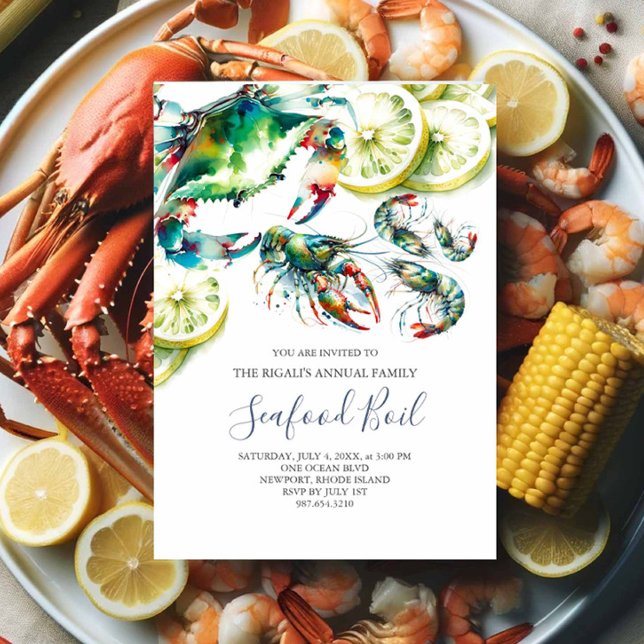 Seafood Boil Summer Party Invitations (Seafood boil invitations watercolor crab shrimp and crawfish with lemons slow country boil)