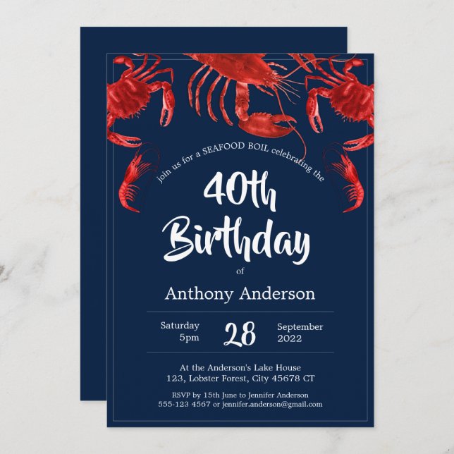 Seafood Boil Unique Red Dark Blue Birthday Party Invitation (Front/Back)
