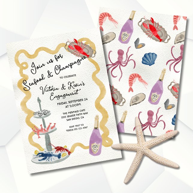 Seafood & Champagne Party Hand drawn wavy frame Invitation (Creator Uploaded)
