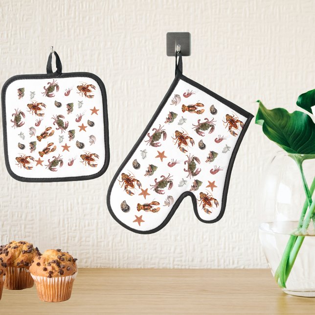 Seafood Crustacean Lobster Crab Beach House Oven Mitt & Pot Holder Set (Creator Uploaded)