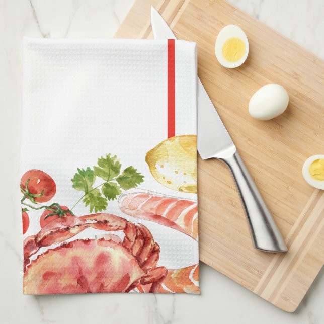 Seafood Feast Red Stripe Tea Towel (Quarter Fold)