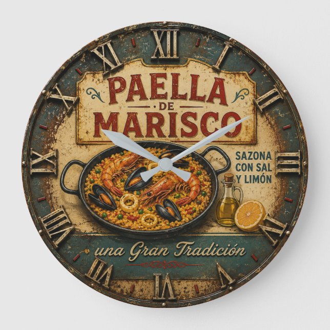 Seafood Paella Spanish Kitchen Rustic Restaurant  Large Clock (Front)