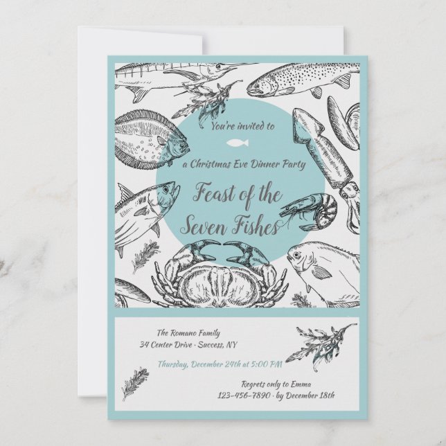 Seafood Pen and Ink Invitation (Front)