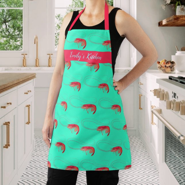 Seafood Pink Shrimp Personalised Turquoise Apron (Creator Uploaded)