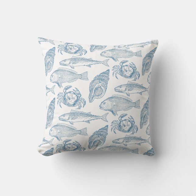 Seafood Restaurant Blue and White Aquatic Design Cushion (Front)