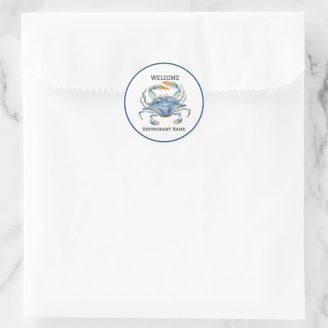 Seafood restaurant welcome blue Crab Personalise n Classic Round Sticker (Bag)