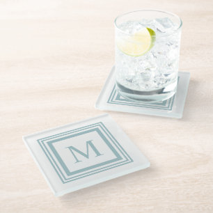 Seaglass and white square border monogram glass coaster