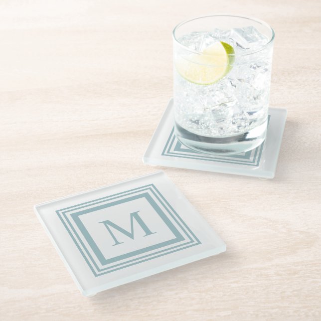 Seaglass and white  square border monogram glass coaster (Angled)