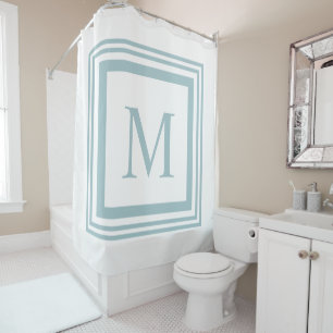 Seaglass and white square border monogram shower curtain