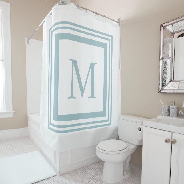 Seaglass and white  square border monogram shower curtain (In Situ)