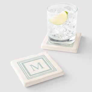 Seaglass and white square border monogram stone coaster