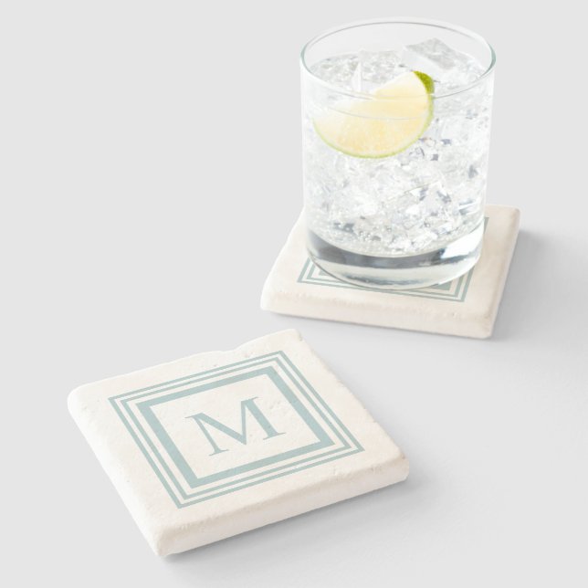 Seaglass and white  square border monogram stone coaster (Side)