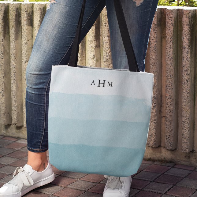 Seaglass Aqua Watercolor Ombre Monogram Tote Bag (Creator Uploaded)