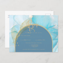 Seaglass INK Teal Aqua Blue Gold Wedding RSVP