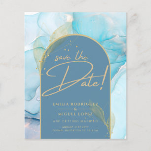 Seaglass INK Teal Aqua Blue Gold Wedding Save Date Flyer