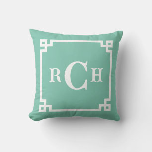 Seaglass Reverse Chinoiserie Greek Key Monogram Cushion