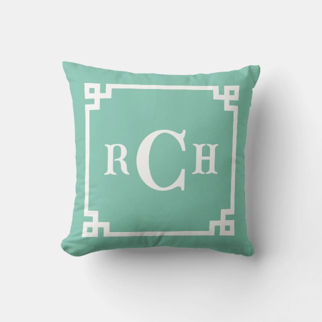 Seaglass Reverse Chinoiserie Greek Key Monogram Cushion (Front)
