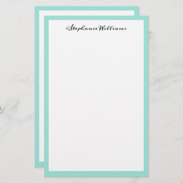 Seaglass Sea Green Border Custom Monogram Name Stationery (Front/Back)