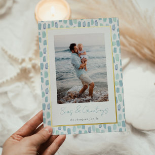 Seaglass Watercolor   Modern Minimal Coastal Photo Foil Holiday Card