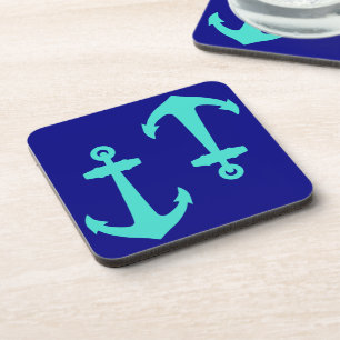 Seagreen Anchor On White Coastal Pattern Decor Coaster