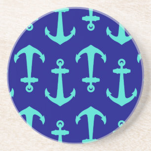 Seagreen Anchor On White Coastal Pattern Decor Coaster