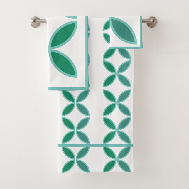 Seagreen and teal floral pattern on white bath towel set (Insitu)