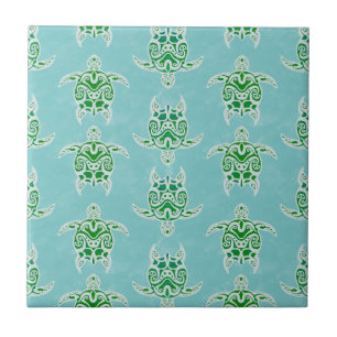 Seagreen Tribal Green Sea Turtles Ceramic Tile