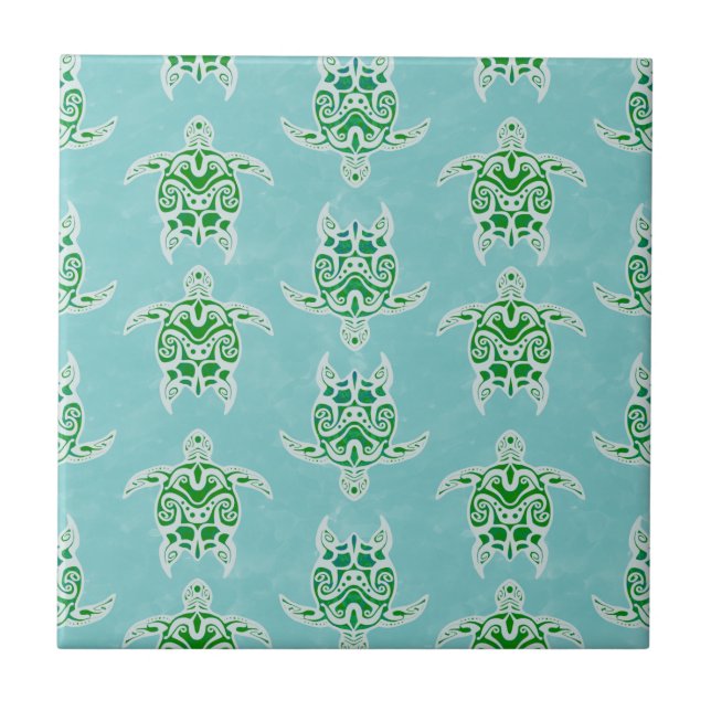 Seagreen Tribal Green Sea Turtles Ceramic Tile (Front)