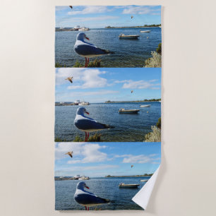 Seagull And Boats On Ocean, Beach Towel