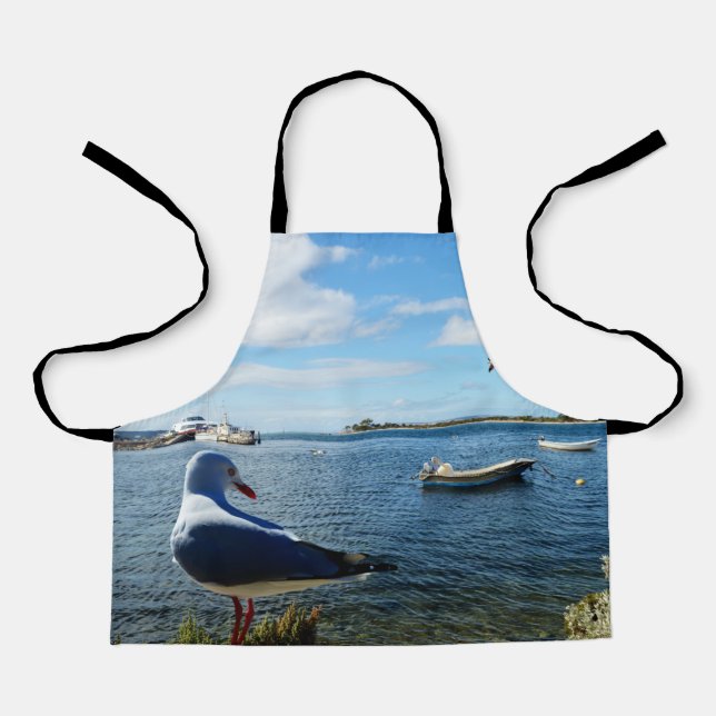 Seagull And Boats On Ocean, Kids Full Print Apron (Front)