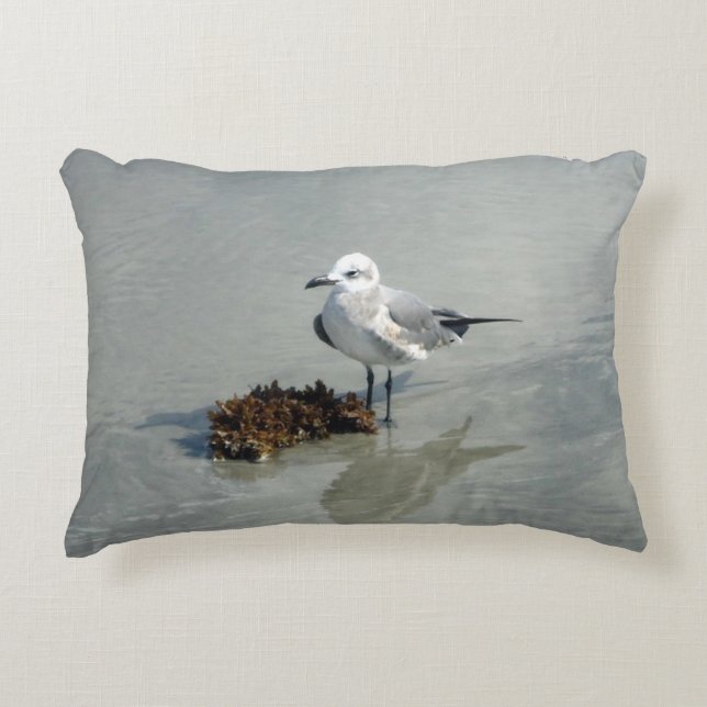 Seagull and Seaweed on Beach Decorative Cushion (Front)