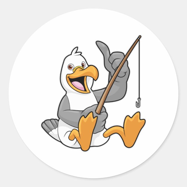 Seagull at Fishing with Fishing rod Classic Round Sticker (Front)