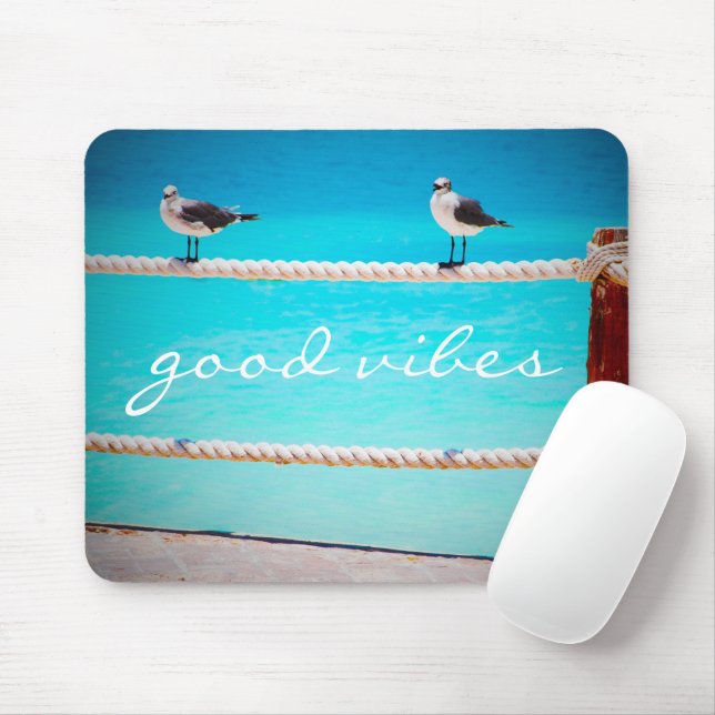 Seagull Beach Birds Photo Good Vibes Quote Script Mouse Pad (With Mouse)
