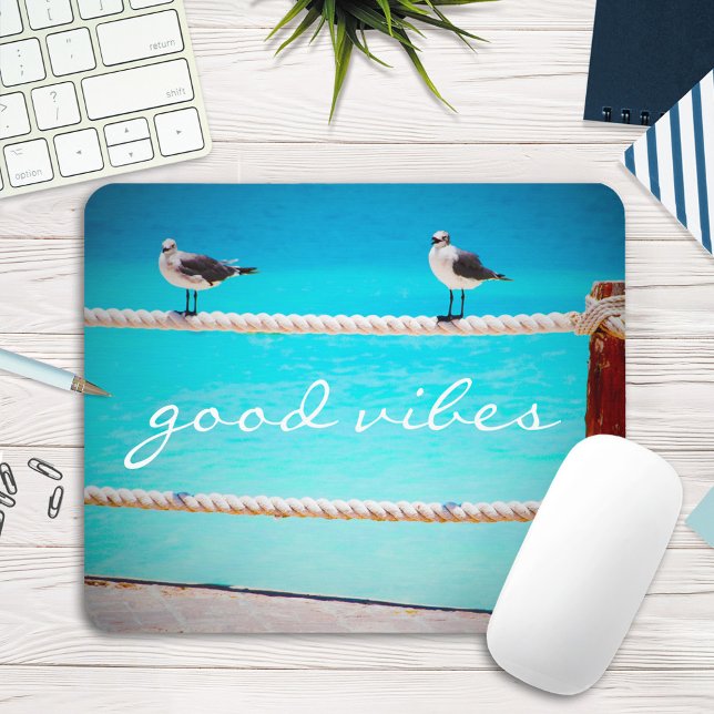 Seagull Beach Birds Photo Good Vibes Quote Script Mouse Pad (Creator Uploaded)