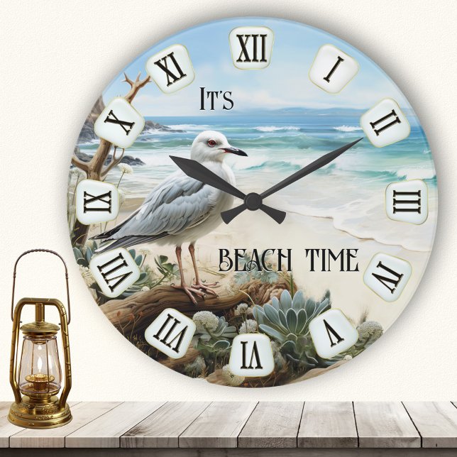 Seagull Beach Time  Round Clock (Wall clock featuring a painting of a seagull on the beach - with classic roman clock numbers)