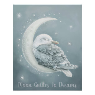 Seagull bird baby sleeping on Moon Poster