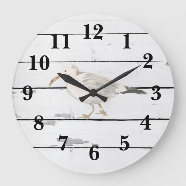 Seagull Bird Beach Shiplap Large Clock (Front)