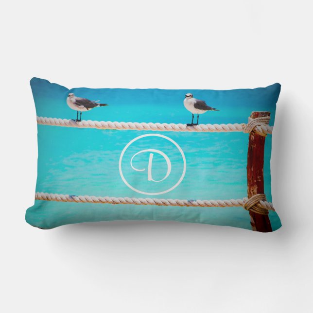 Seagull Bird Turquoise Ocean Photo Custom Monogram Lumbar Cushion (Front)